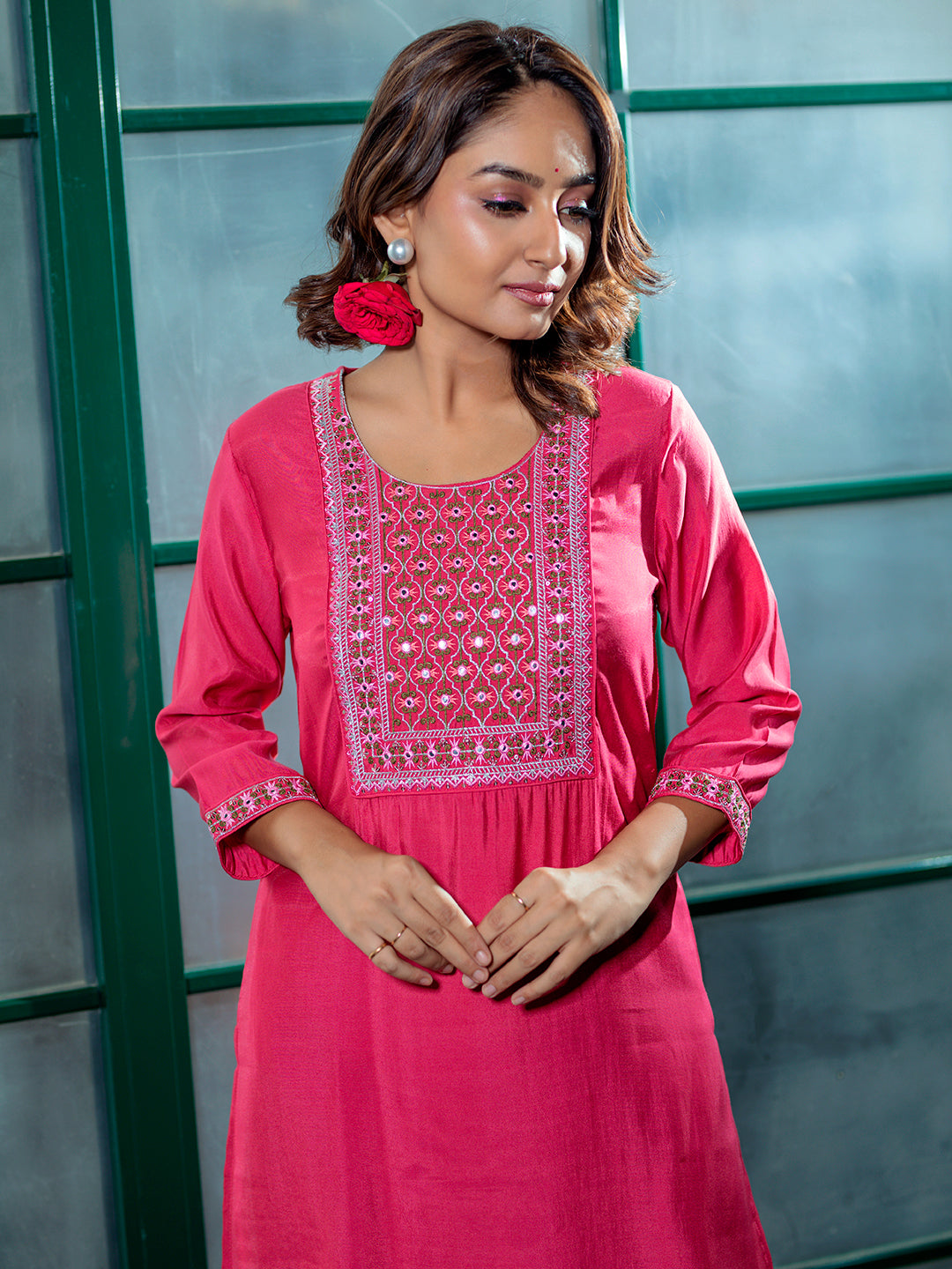 Peach Embroidered yoke Kurta Set