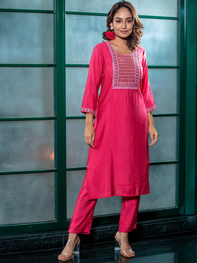 Peach Embroidered yoke Kurta Set