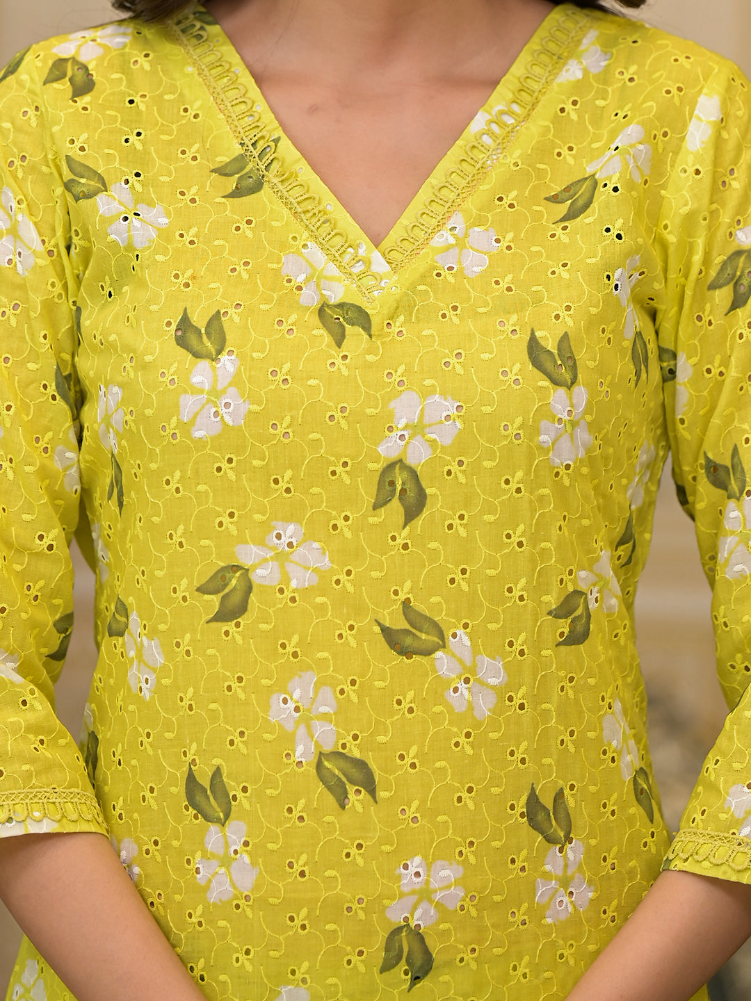 Lime Green Schiffli Kurta Set with dupatta