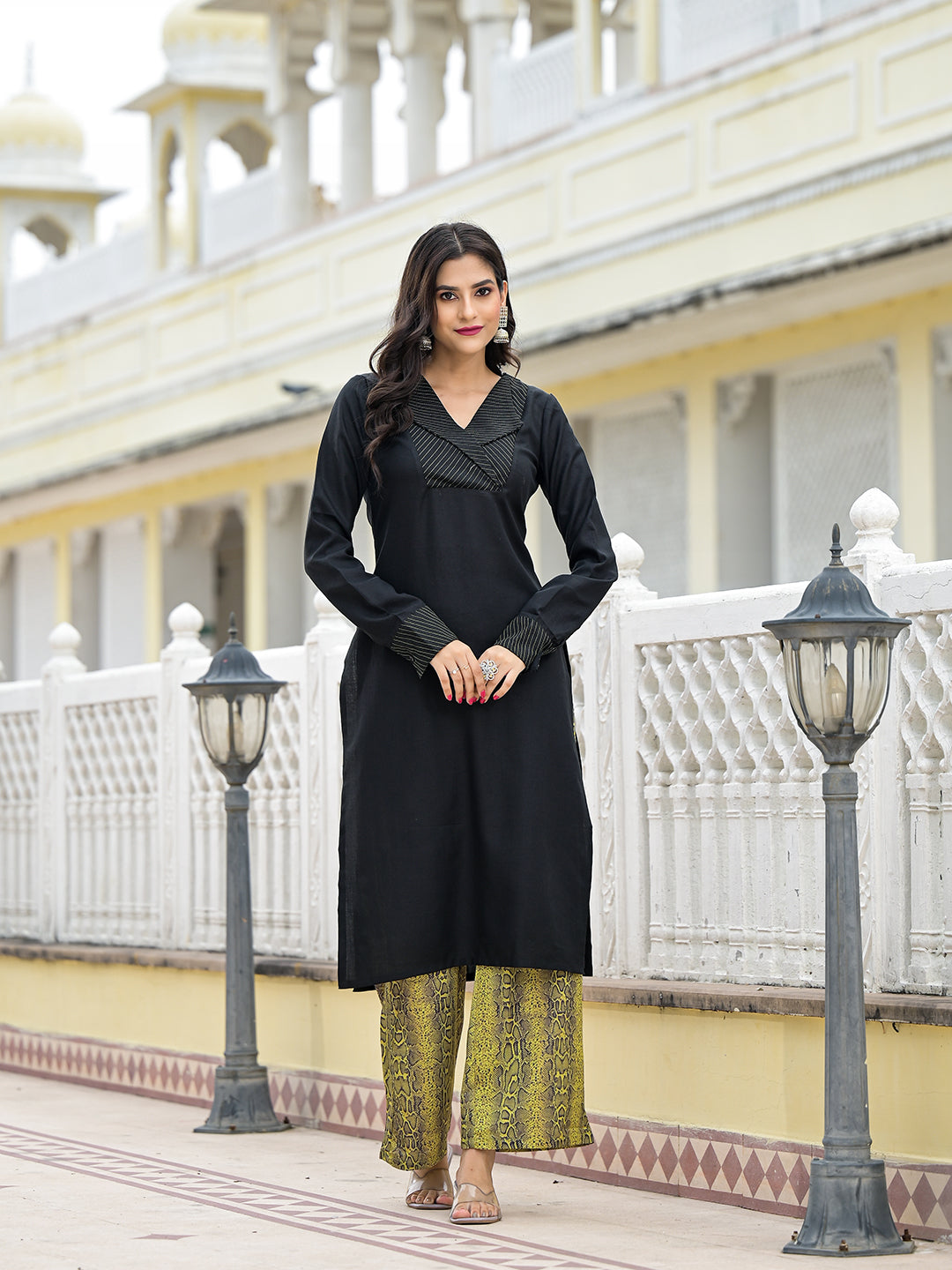 Black & Lime Snake Print Kurta Set
