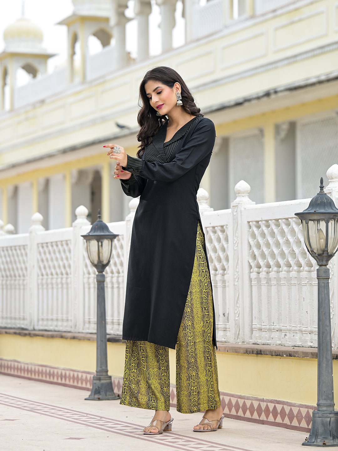 Black & Lime Snake Print Kurta Set