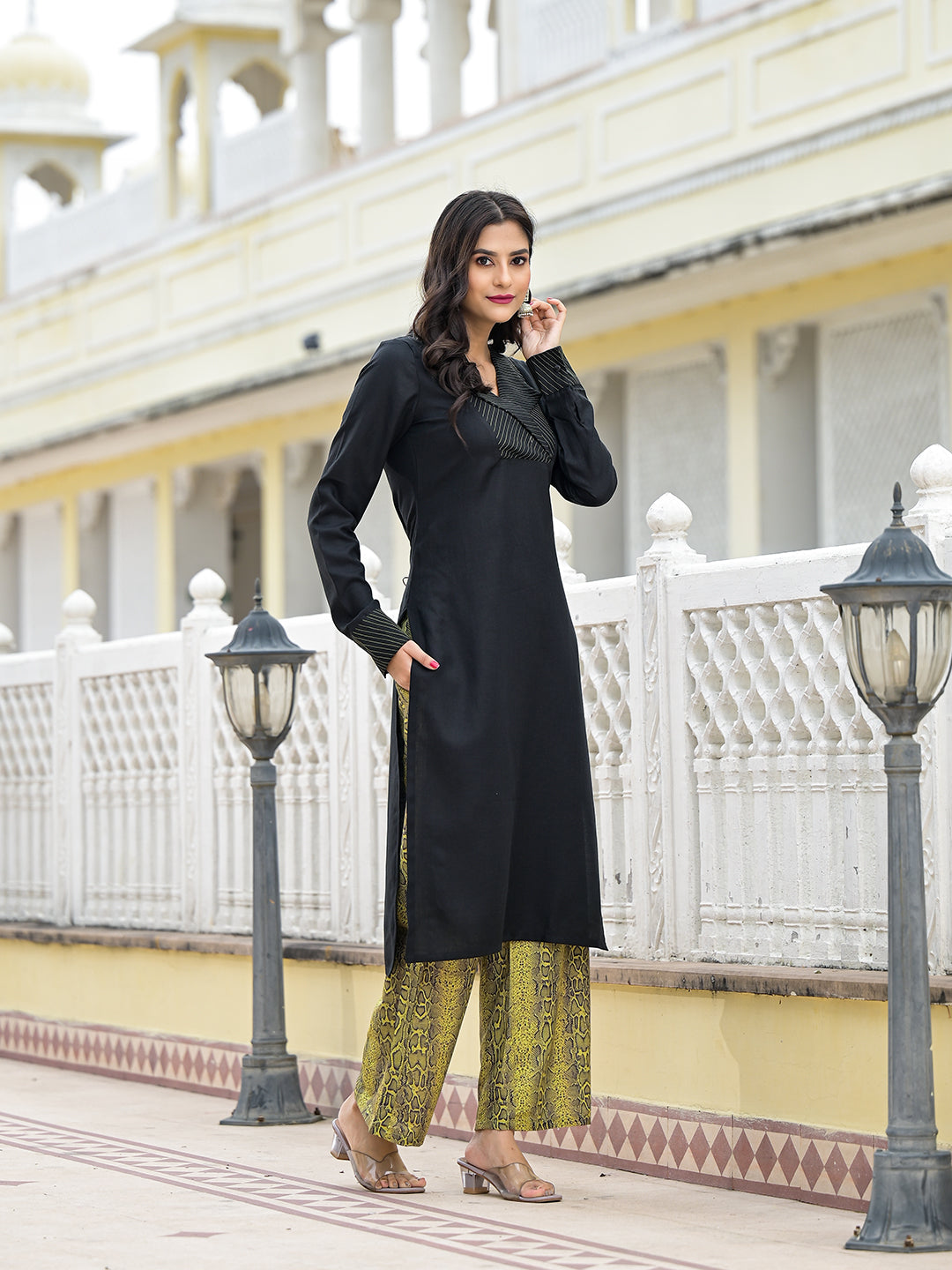 Black & Lime Snake Print Kurta Set