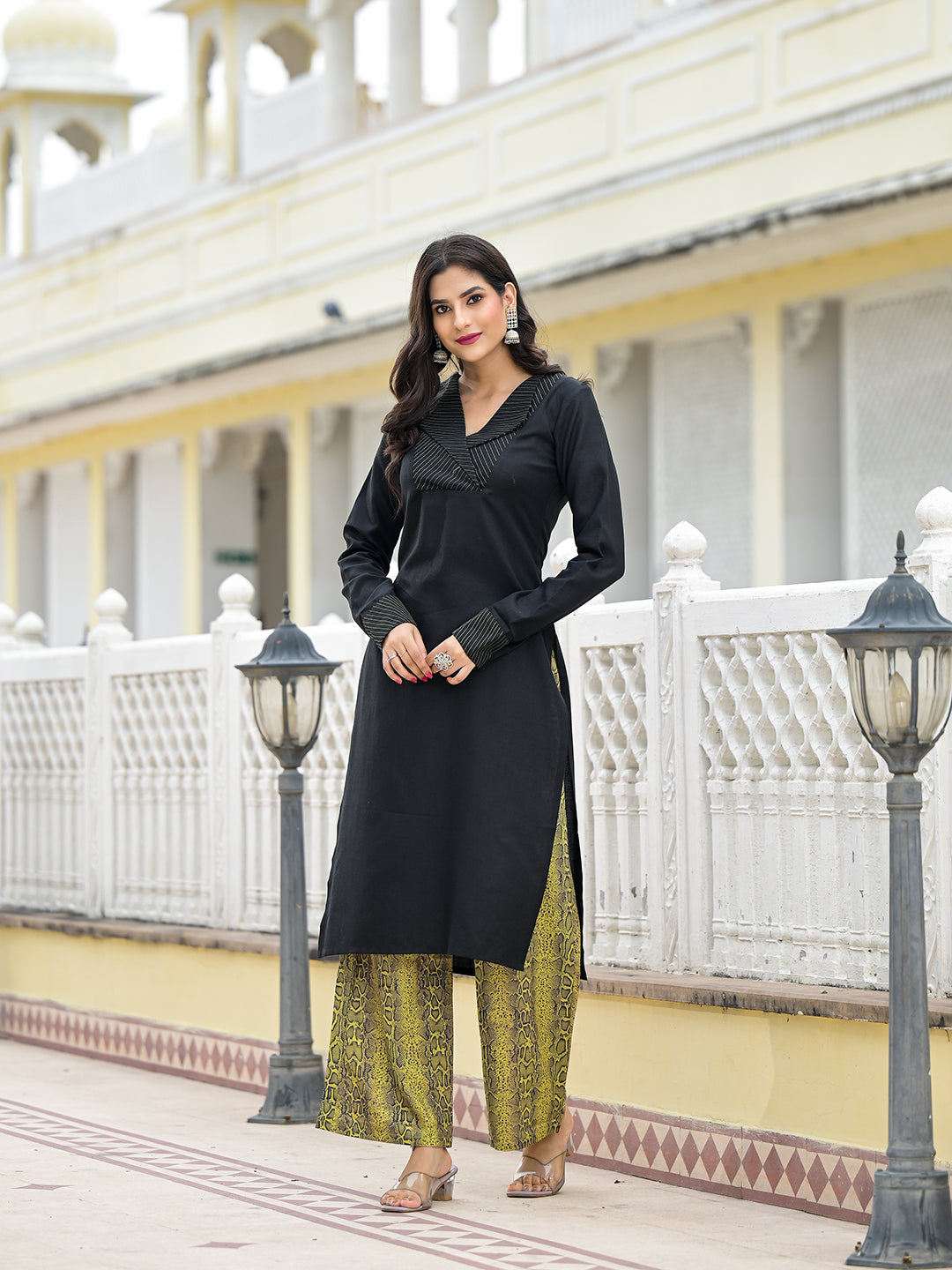 Black & Lime Snake Print Kurta Set
