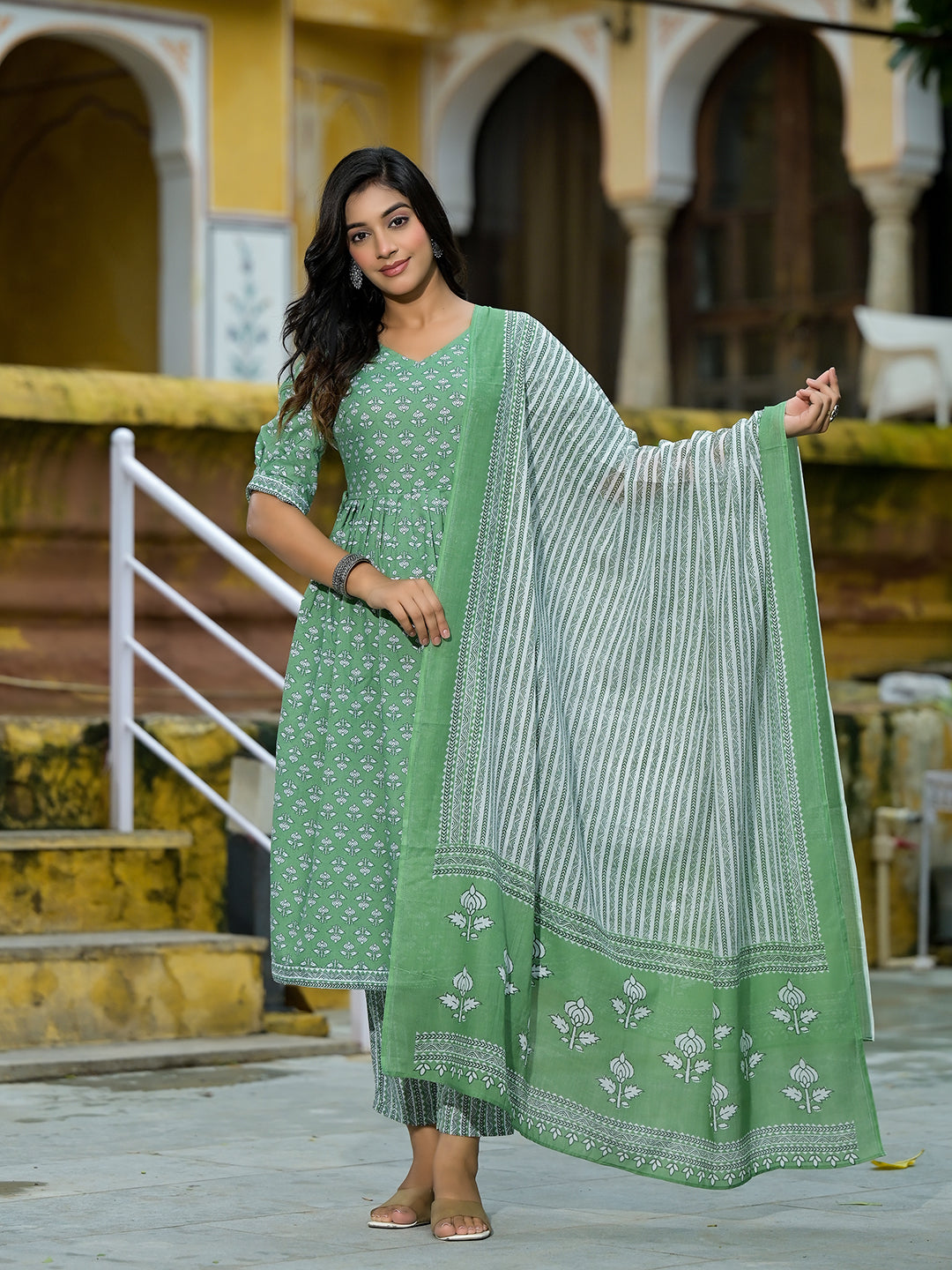 Mint Green A-Line Nyra Kurta pant Suit Set with Dupatta