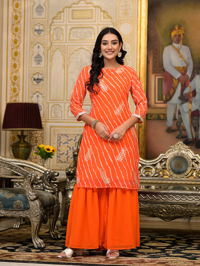 Orange Leheriya Kurta Sharara With Gota Embroidery