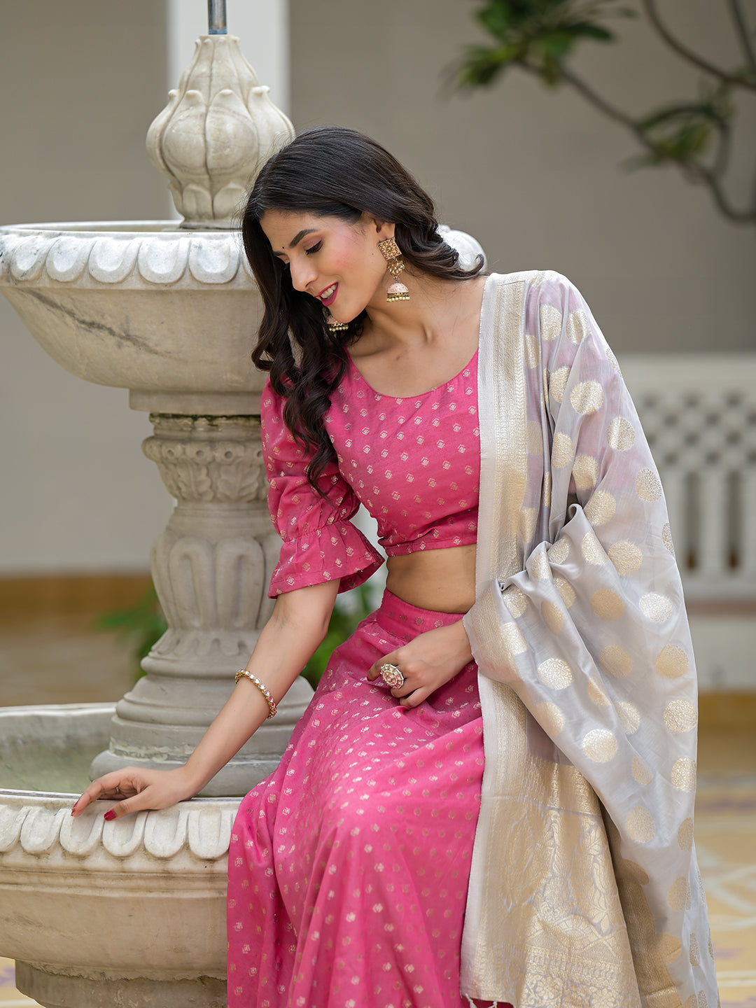 Pink Chanderi Lehenga Choli with Jacquard Dupatta