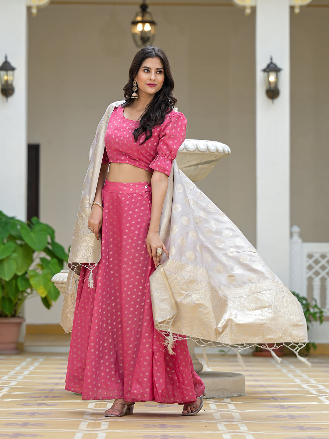 Pink Chanderi Lehenga Choli with Jacquard Dupatta