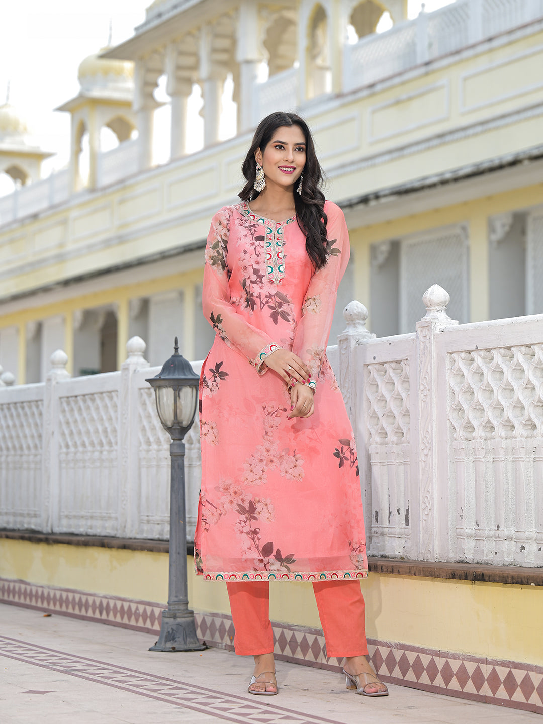Peach Kurta Set with yoke design