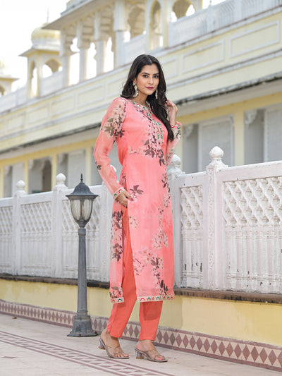 Peach Kurta Set with yoke design
