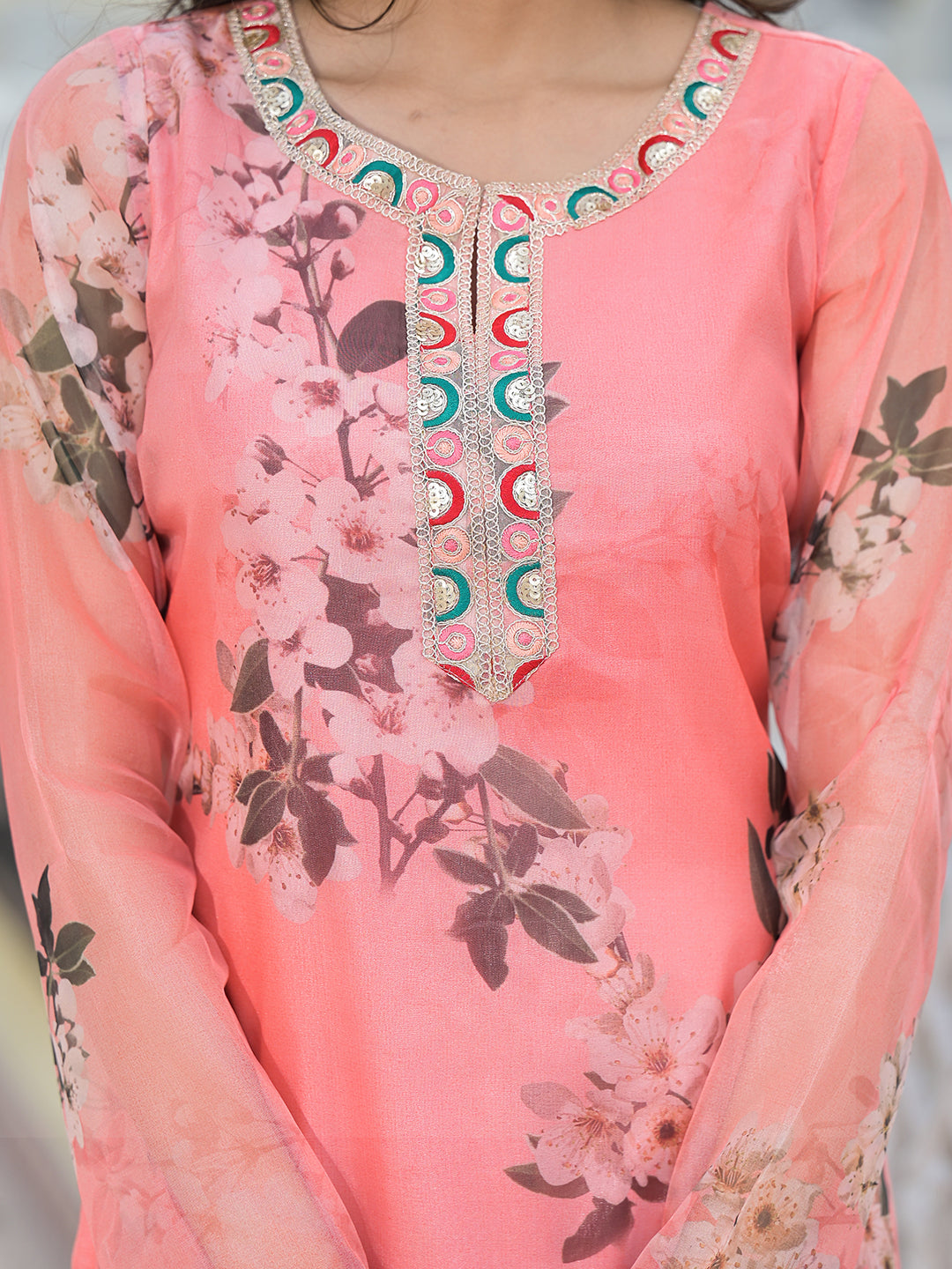 Peach Kurta Set with yoke design