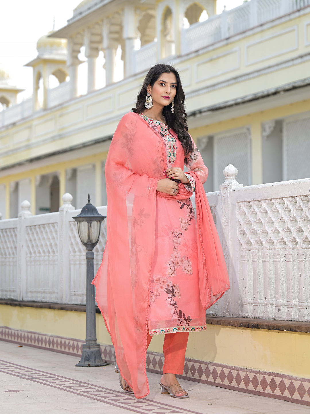 Peach Kurta Set with yoke design