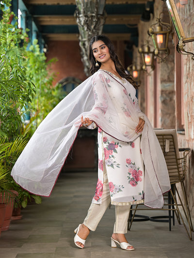 Cream Floral print Kurta Set with Dupatta