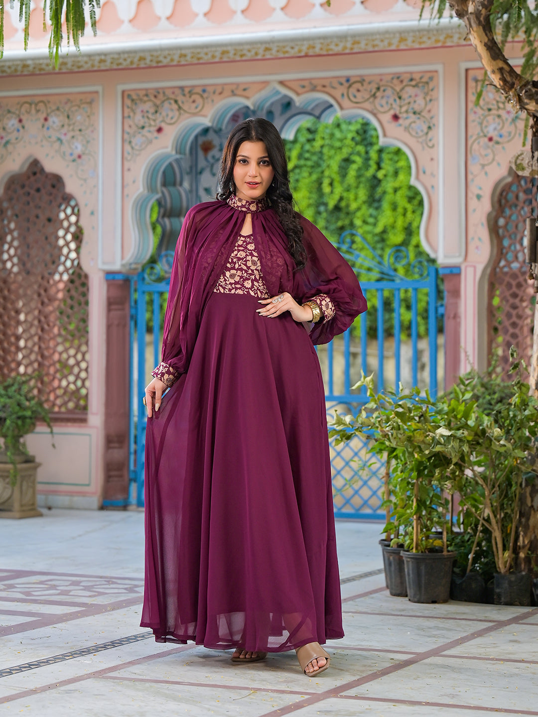 Wine Maxi Dress With Flared Sleeve