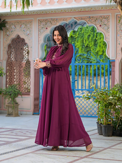 Wine Maxi Dress With Flared Sleeve