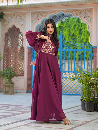 Wine Maxi Dress With Flared Sleeve