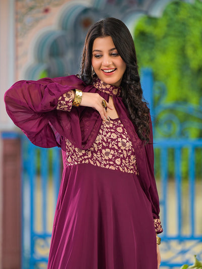 Wine Maxi Dress With Flared Sleeve