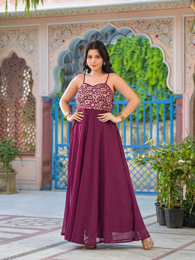 Wine Maxi Dress With Flared Sleeve
