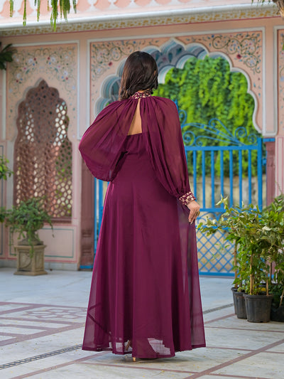 Wine Maxi Dress With Flared Sleeve