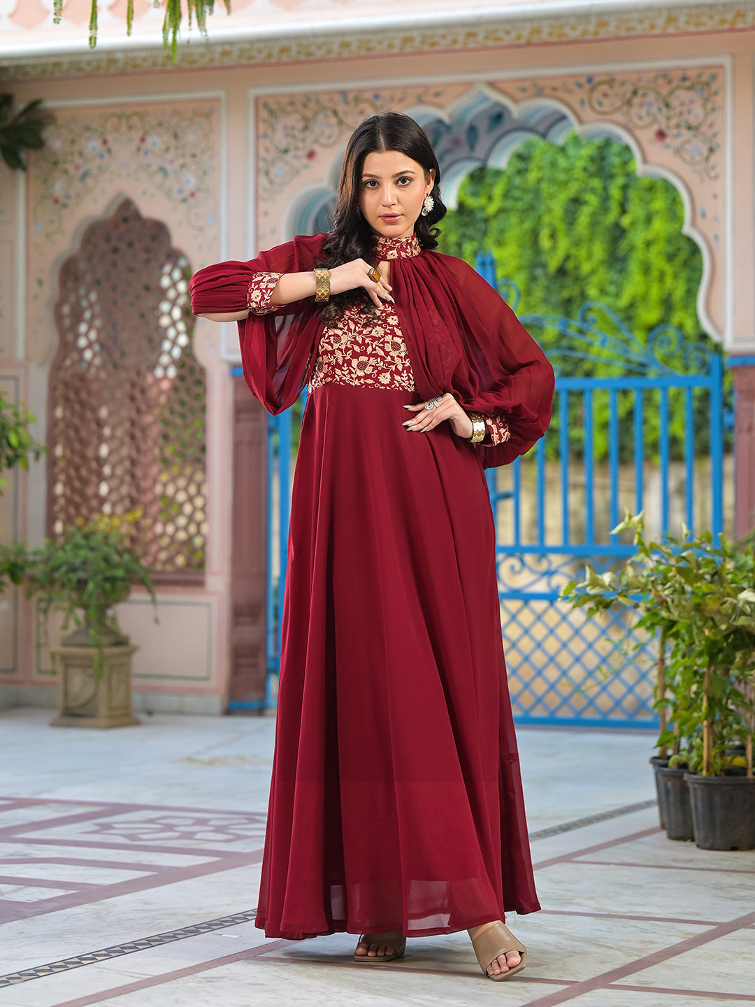 Burgundy Maxi Dress With Flared Sleeve