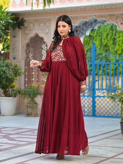 Burgundy Maxi Dress With Flared Sleeve