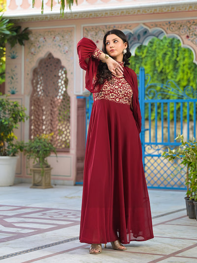 Burgundy Maxi Dress With Flared Sleeve