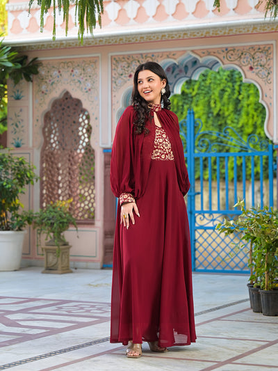 Burgundy Maxi Dress With Flared Sleeve