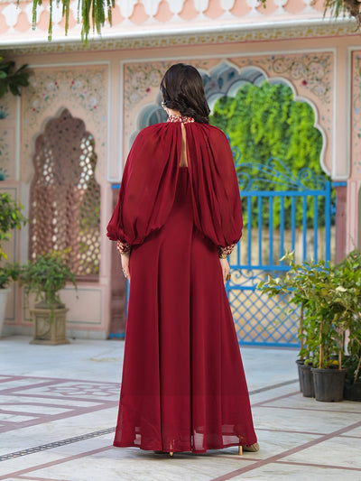 Burgundy Maxi Dress With Flared Sleeve