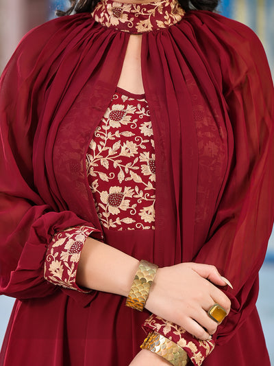 Burgundy Maxi Dress With Flared Sleeve