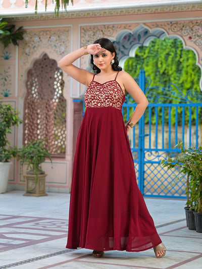 Burgundy Maxi Dress With Flared Sleeve