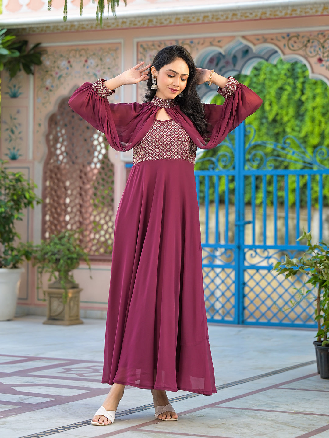 Wine Maxi Dress With Flared Sleeve