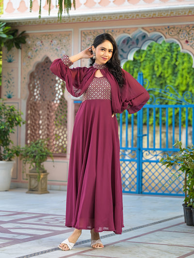 Wine Maxi Dress With Flared Sleeve