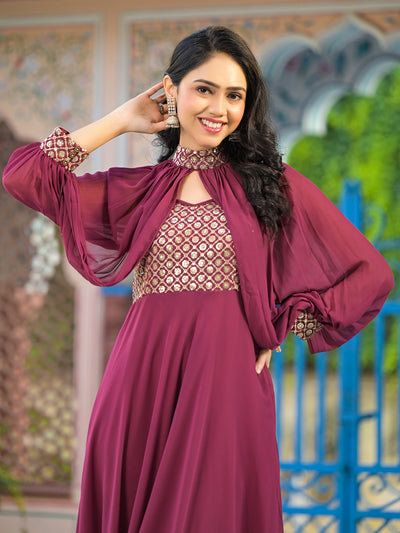 Wine Maxi Dress With Flared Sleeve