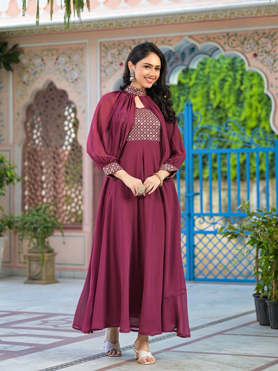 Wine Maxi Dress With Flared Sleeve