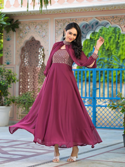 Wine Maxi Dress With Flared Sleeve