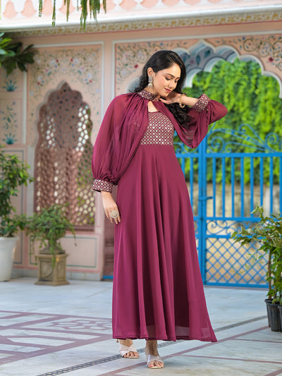 Wine Maxi Dress With Flared Sleeve