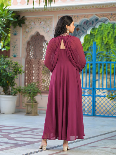 Wine Maxi Dress With Flared Sleeve