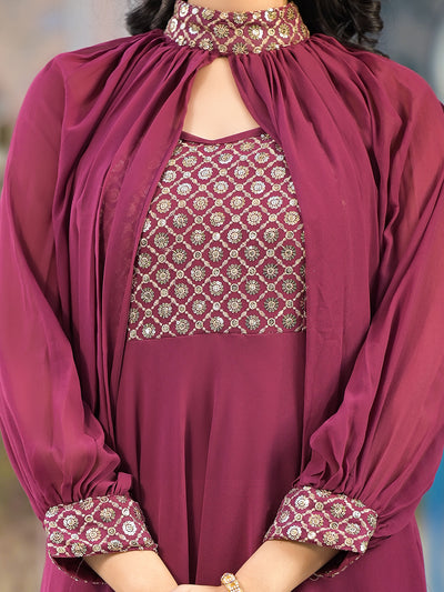 Wine Maxi Dress With Flared Sleeve