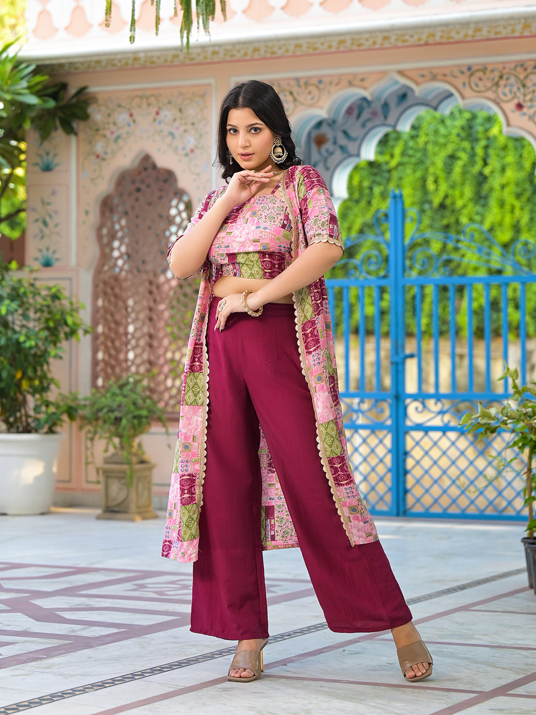 Wine Color Crop Top And Palazzo Set With Long Jacket