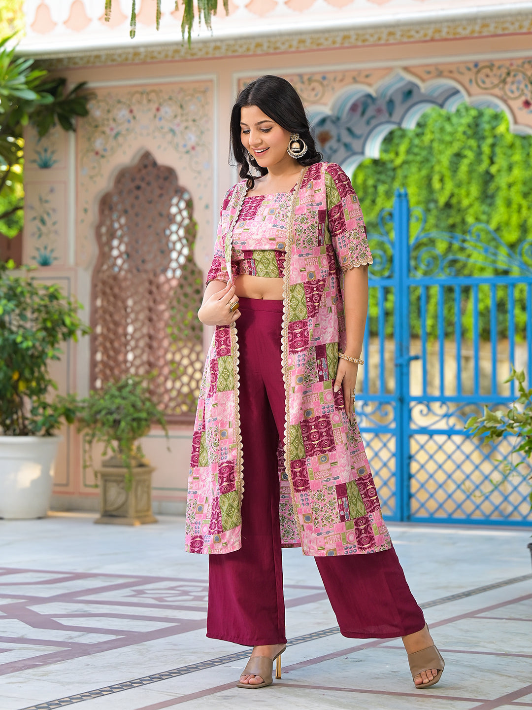 Wine Color Crop Top And Palazzo Set With Long Jacket