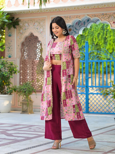 Wine Color Crop Top And Palazzo Set With Long Jacket