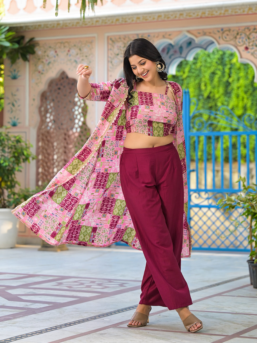 Wine Color Crop Top And Palazzo Set With Long Jacket