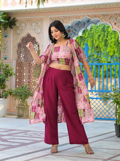 Wine Color Crop Top And Palazzo Set With Long Jacket