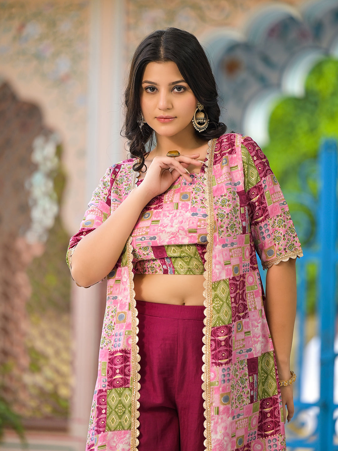 Wine Color Crop Top And Palazzo Set With Long Jacket