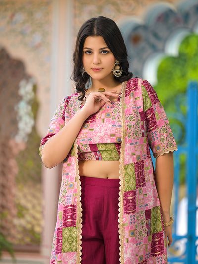 Wine Color Crop Top And Palazzo Set With Long Jacket