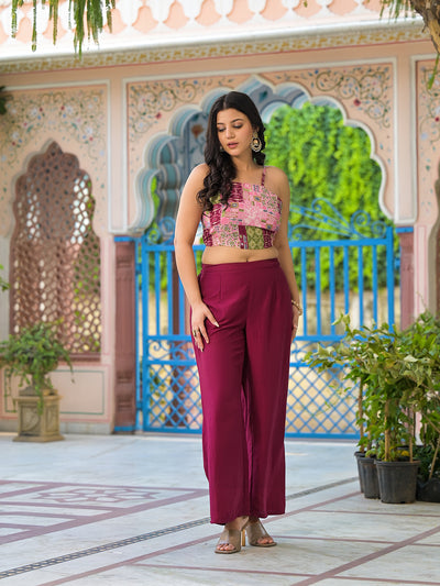 Wine Color Crop Top And Palazzo Set With Long Jacket