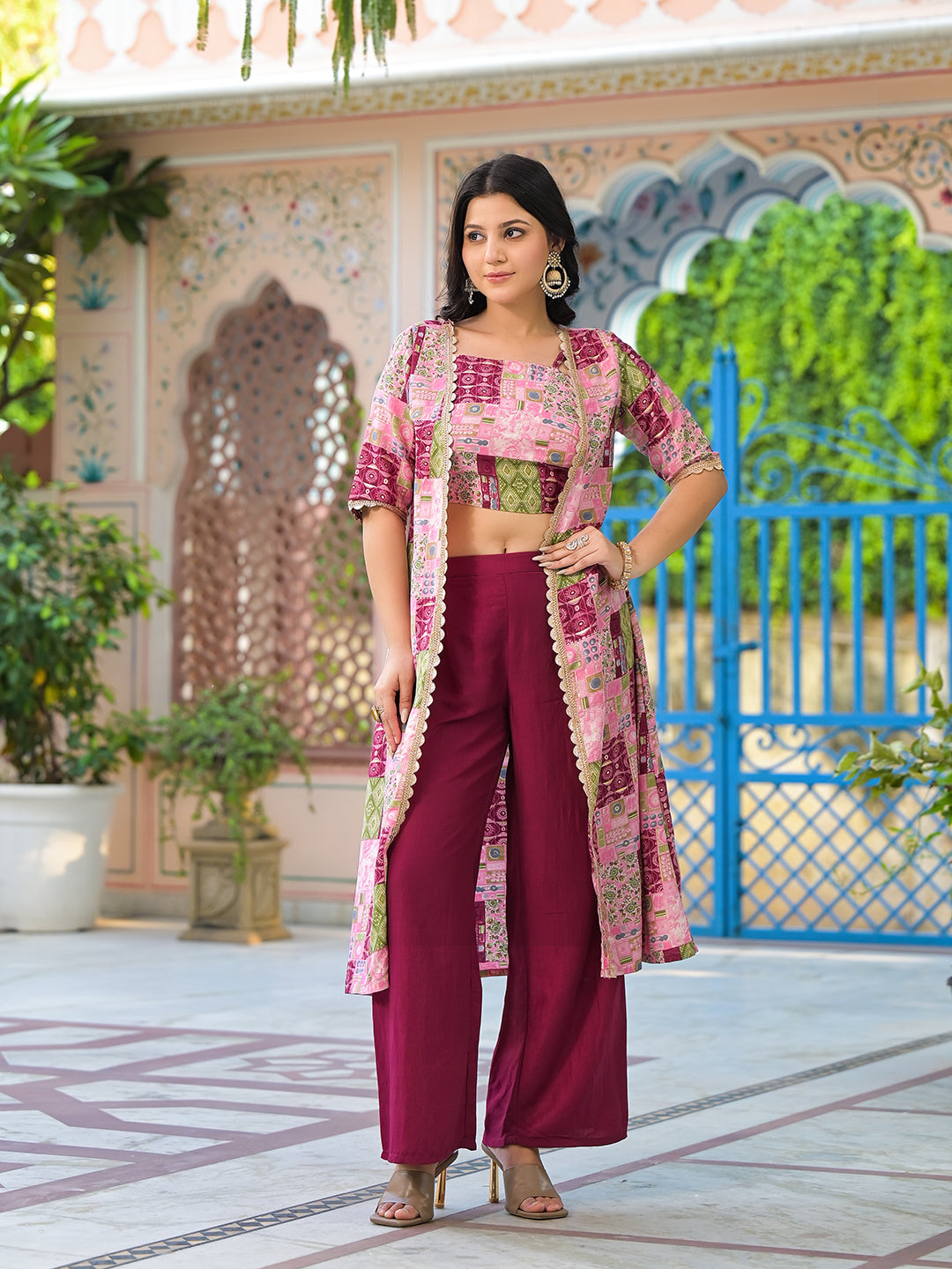 Wine Color Crop Top And Palazzo Set With Long Jacket