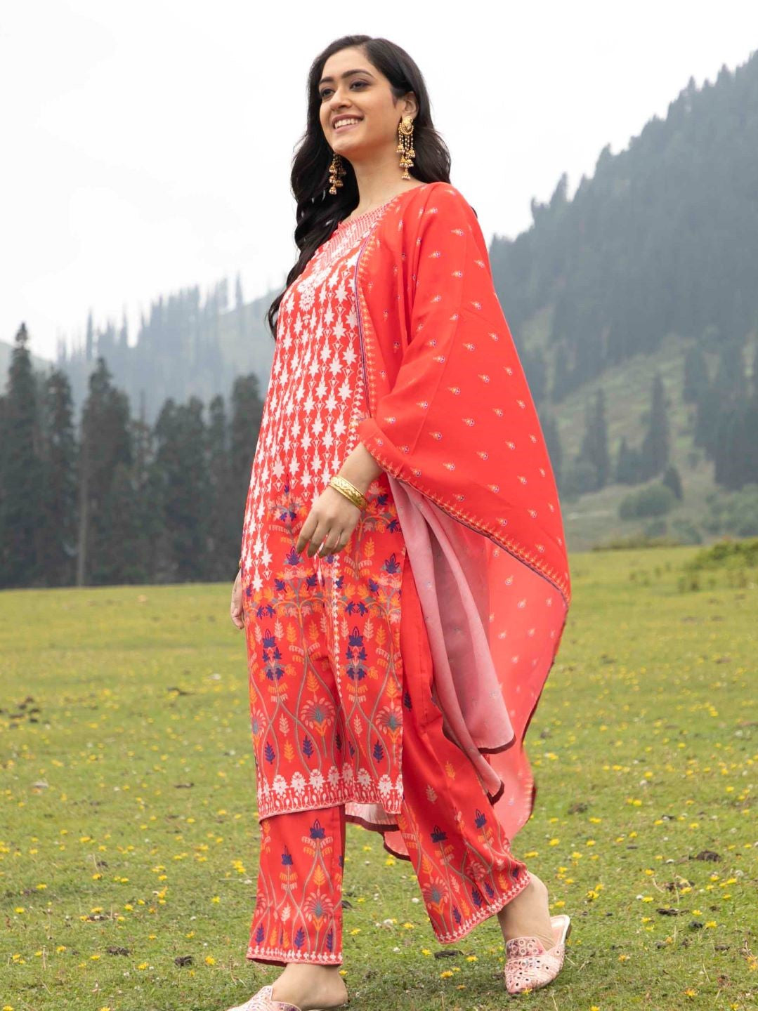 Red Digital Print Kurta Palazzo With Dupatta