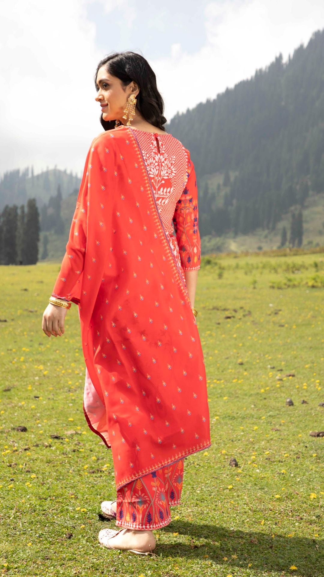 Red Digital Print Kurta Palazzo With Dupatta