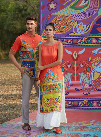 Couple Combo- Orange Truck Art Kurta Combo