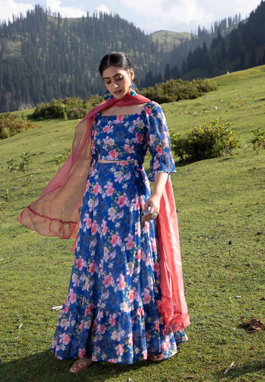 Blue Floral Print Lehenga Choli With Dupatta